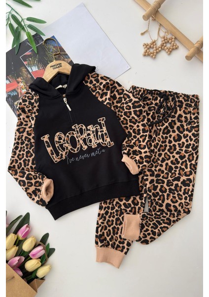 Leopard Kapüşonlu Kız Çocuk Leopar Eşofman takım - Siyah
