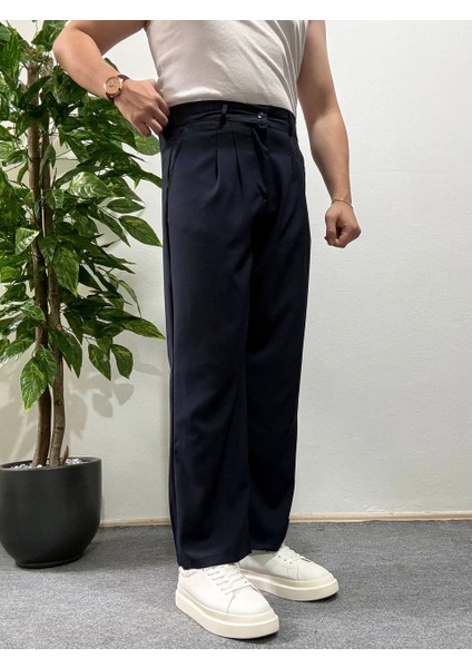 Erkek Lacivert Pileli Kumaş Pantolon Modern Düğmeli Şık ve Günlük Kullanıma Uygun Şık fiyatları