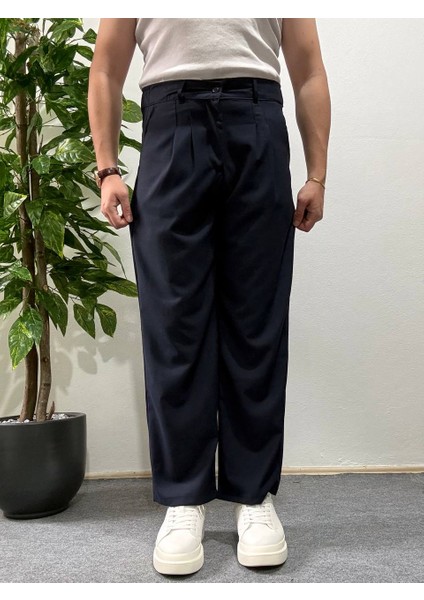 Erkek Lacivert Pileli Kumaş Pantolon Modern Düğmeli Şık ve Günlük Kullanıma Uygun Şık modelleri