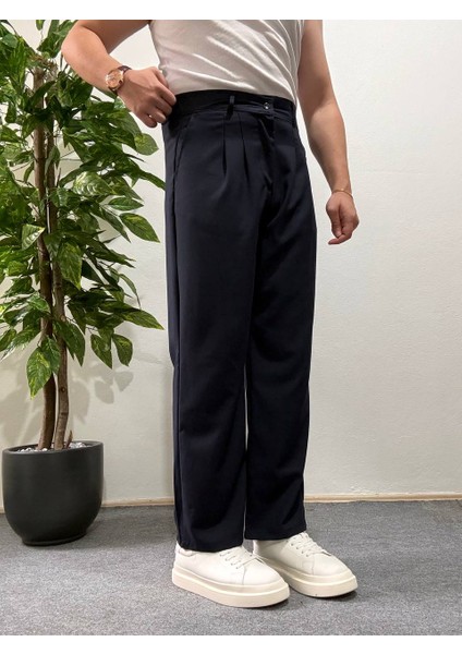 Erkek Lacivert Pileli Kumaş Pantolon Modern Düğmeli Şık ve Günlük Kullanıma Uygun Şık fırsatları