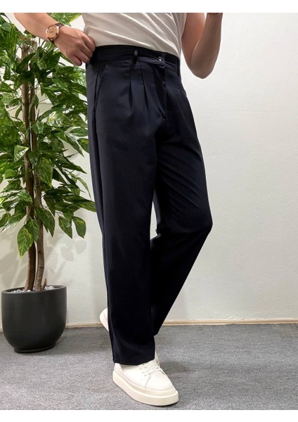 Erkek Lacivert Pileli Kumaş Pantolon Modern Düğmeli Şık ve Günlük Kullanıma Uygun Şık indirimleri