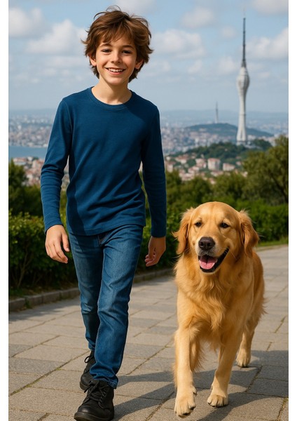 Çocuk Uzun Kollu T-Shirt Kız - Erkek Unisex Indigo %100 Pamuk