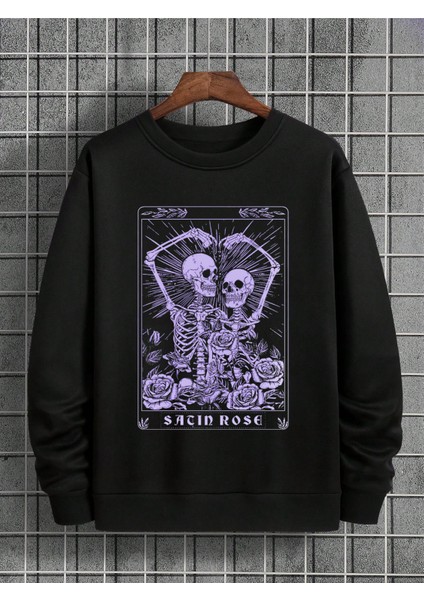 Siyah Önü Bisiklet Yaka Kalp Simgeleyen Iskelet Baskılı Sacin Rose Uzun Kol T-Shirt