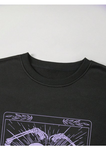 Siyah Önü Bisiklet Yaka Kalp Simgeleyen Iskelet Baskılı Sacin Rose Uzun Kol T-Shirt fiyatları