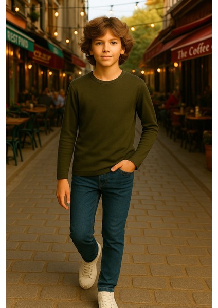 Çocuk Uzun Kollu T-Shirt Kız - Erkek Unisex Haki %100 Pamuk modelleri
