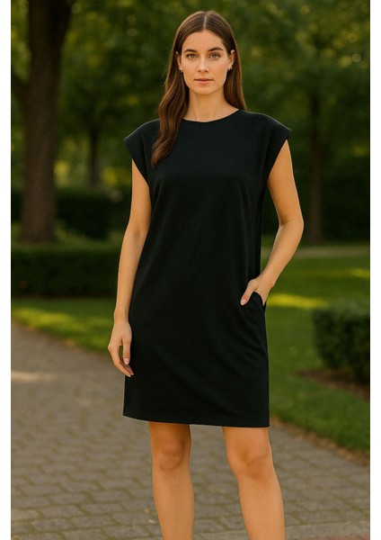 Vatkalı Siyah Modal Kumaş Kadın Elbise