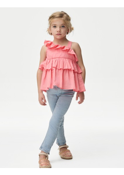 Saf Pamuklu Fırfır Detaylı Bluz (2-7 Yaş)