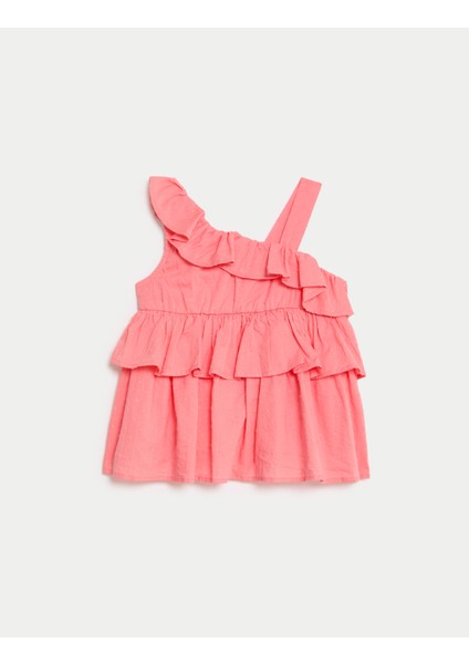 Saf Pamuklu Fırfır Detaylı Bluz (2-7 Yaş)