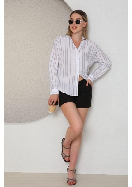 Gri Çizgili Keten Kadın Gömlek