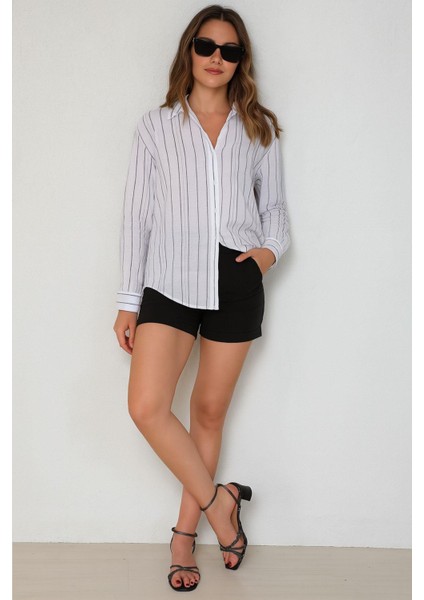 Gri Çizgili Keten Kadın Gömlek fiyatları