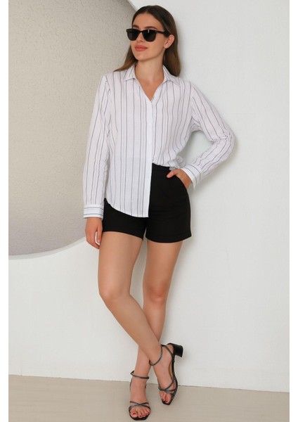 Gri Çizgili Keten Kadın Gömlek modelleri