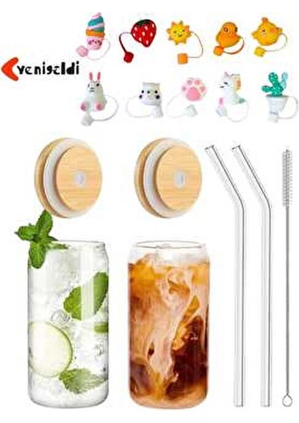 2 Adet Isıya Dayanıklı Pipetli Bambu Kapaklı Bardak 2 Pipet Kapağı 2 Cam Pipet ve 1 Fırça)