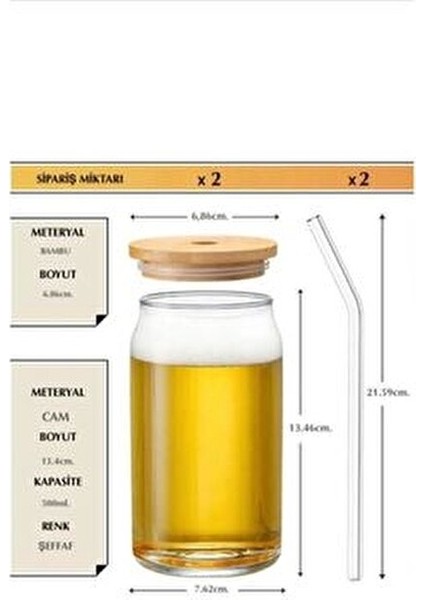 2 Adet Isıya Dayanıklı Pipetli Bambu Kapaklı Bardak 2 Pipet Kapağı 2 Cam Pipet ve 1 Fırça)