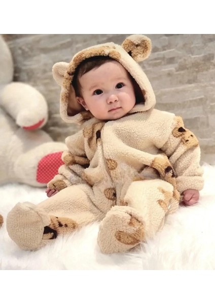 Unisex Bebek Welsoft Peluş Tulum Kapüşonlu Fermuarlı Ayıcık Desenli Kışlık