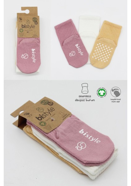 Bistyle Basic Kaymaz Penye Soket Çorap 3'lü BS10106 Pudra Ekru Somon