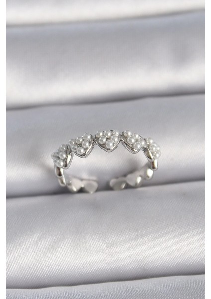 Bfs Pirinç Gümüş Renk Ayarlanabilir Incili Kalp Model Kadın Yüzük