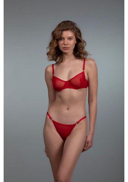 Tül Transparan Desteksiz Balenli Sütyen Takımı String Külot 75B-90B