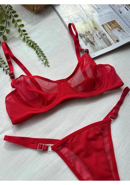 Tül Transparan Desteksiz Balenli Sütyen Takımı String Külot 75B-90B fiyatları