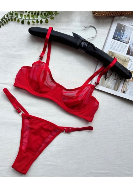 Tül Transparan Desteksiz Balenli Sütyen Takımı String Külot 75B-90B modelleri