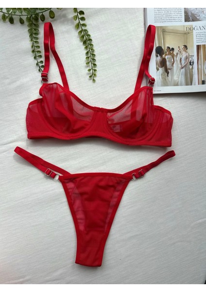 Tül Transparan Desteksiz Balenli Sütyen Takımı String Külot 75B-90B fırsatları