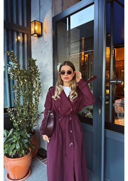 Bordo Önden Büzgülü Düğmeli Astarlı Maxi Oversize Trençkot