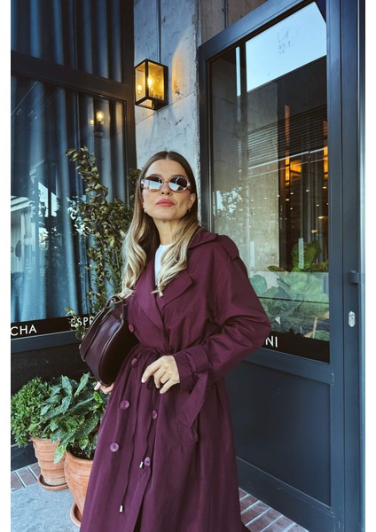 Bordo Önden Büzgülü Düğmeli Astarlı Maxi Oversize Trençkot fiyatları