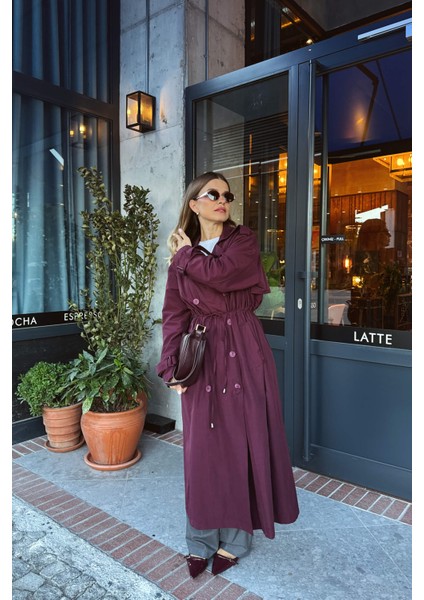 Bordo Önden Büzgülü Düğmeli Astarlı Maxi Oversize Trençkot modelleri