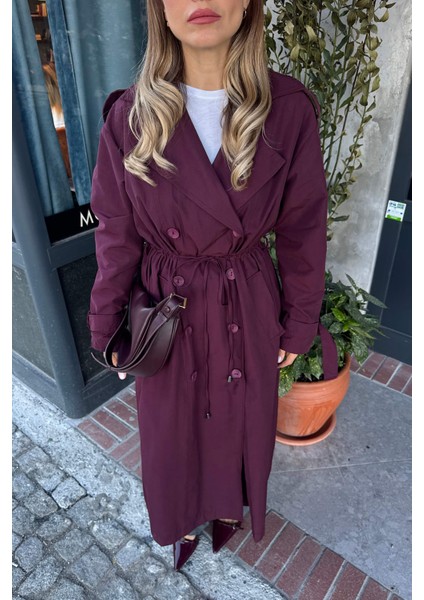 Bordo Önden Büzgülü Düğmeli Astarlı Maxi Oversize Trençkot fırsatları