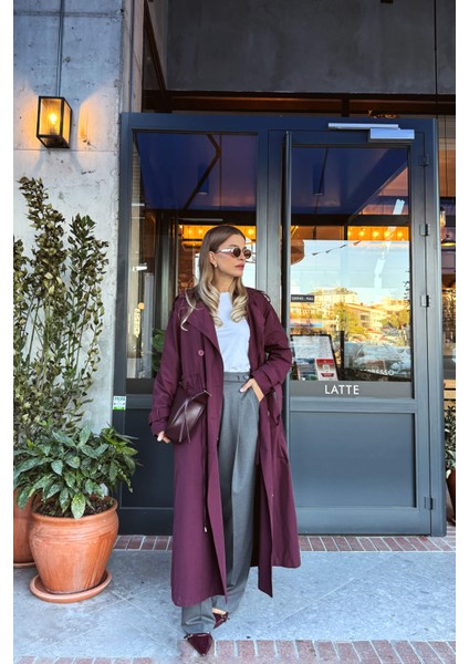 Bordo Önden Büzgülü Düğmeli Astarlı Maxi Oversize Trençkot indirimleri