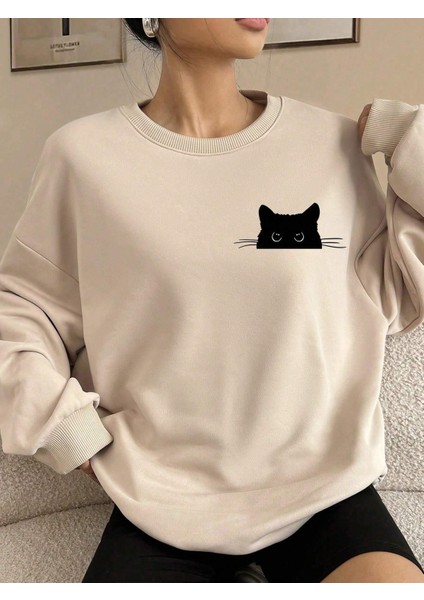 Ekru Oversize Geniş Kalıp 3 Iplik Şardonlu Sweatshirt – Bisiklet Yaka Kedili Baskılı Kalın Sweat