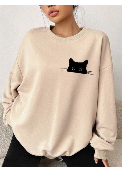 Ekru Oversize Geniş Kalıp 3 Iplik Şardonlu Sweatshirt – Bisiklet Yaka Kedili Baskılı Kalın Sweat fiyatları