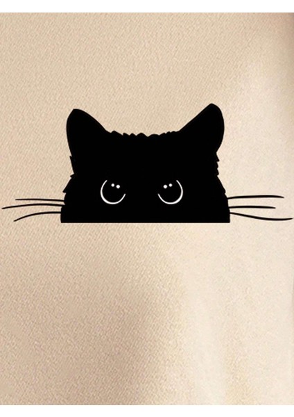 Ekru Oversize Geniş Kalıp 3 Iplik Şardonlu Sweatshirt – Bisiklet Yaka Kedili Baskılı Kalın Sweat modelleri