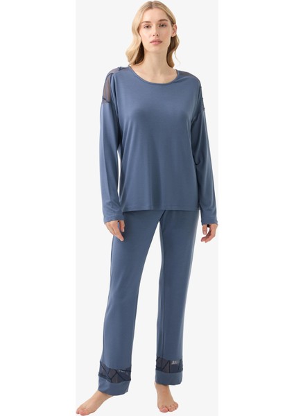 Kadın Uzun Kol Mavi Pijama Takımı – Tül Detaylı, Rahat Kumaş C1T3N915