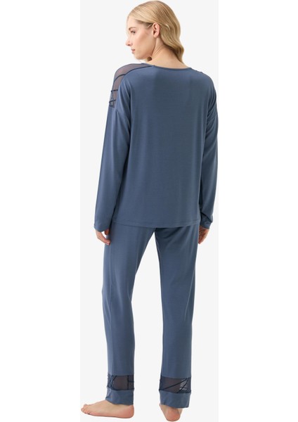 Kadın Uzun Kol Mavi Pijama Takımı – Tül Detaylı, Rahat Kumaş C1T3N915 modelleri