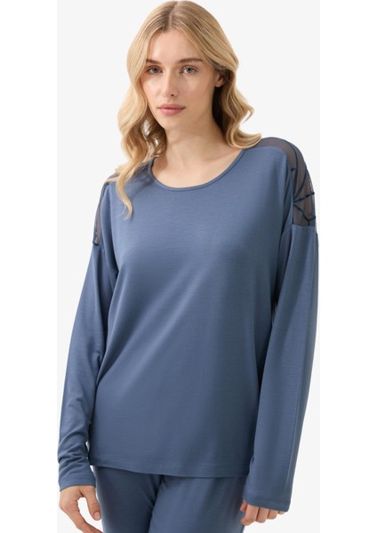 Kadın Uzun Kol Mavi Pijama Takımı – Tül Detaylı, Rahat Kumaş C1T3N915 fırsatları