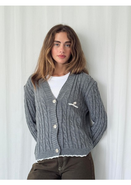 Gold Düğmeli Hırka Kadın Gri