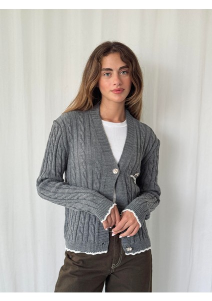 Gold Düğmeli Hırka Kadın Gri modelleri