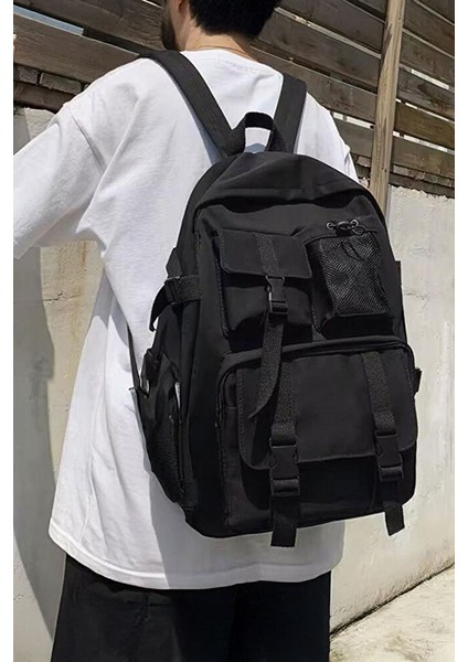 Siyah Çok Bölmeli Y2K Kumaş Sırt Çantası