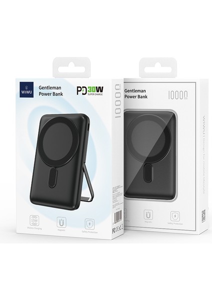 WI-P011 Gentleman Serisi LED Işık Göstergeli Standlı Kablosuz Powerbank 10.000MAH 15W Siyah