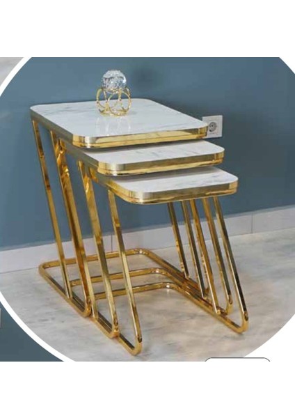 Mim Beyaz Desenli - Gold Z Zigon Sehpa