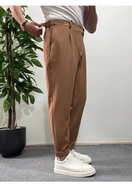 Erkek Kahverengi Yüksek Bel Pileli Kumaş Baggy Pantolon Modern Düğmeli Şık Yandan Kemerli
