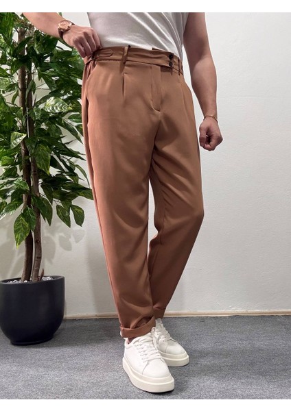 Erkek Kahverengi Yüksek Bel Pileli Kumaş Baggy Pantolon Modern Düğmeli Şık Yandan Kemerli fiyatları