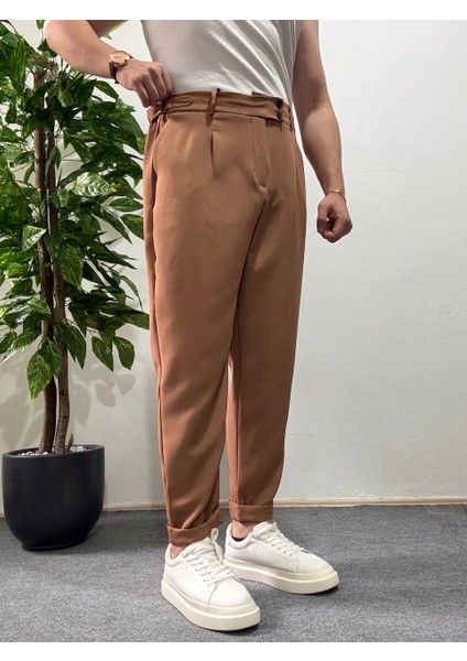 Erkek Kahverengi Yüksek Bel Pileli Kumaş Baggy Pantolon Modern Düğmeli Şık Yandan Kemerli modelleri