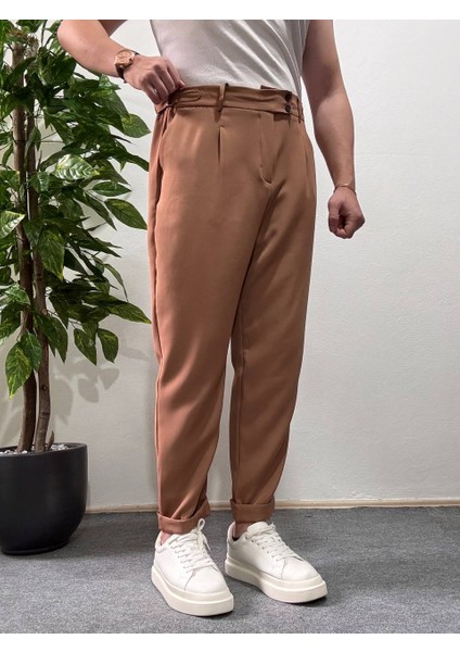 Erkek Kahverengi Yüksek Bel Pileli Kumaş Baggy Pantolon Modern Düğmeli Şık Yandan Kemerli fırsatları