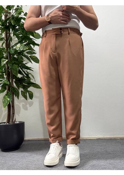 Erkek Kahverengi Yüksek Bel Pileli Kumaş Baggy Pantolon Modern Düğmeli Şık Yandan Kemerli indirimleri