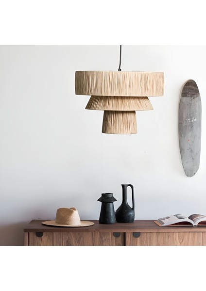 3 Katlı Bohem Avize, Rafya Cafe Aydınlatma, Rustik Avize, 35 cm Genişlik, E27 Duylu modelleri