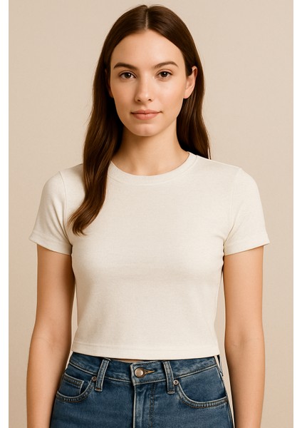 Sıfır Yaka Beyaz Modal Kumaş Kadın Crop