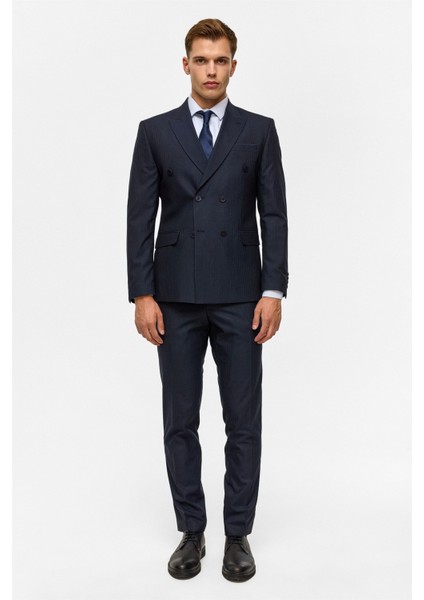 Lacivert Slim Çizgili Kruvaze Yaka 6 Drop Takım Elbise