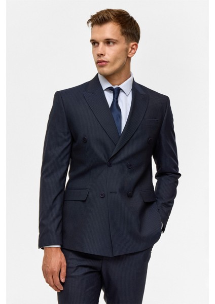 Lacivert Slim Çizgili Kruvaze Yaka 6 Drop Takım Elbise fiyatları