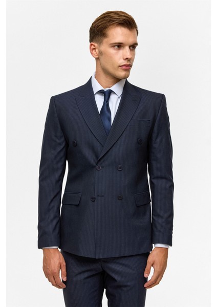 Lacivert Slim Çizgili Kruvaze Yaka 6 Drop Takım Elbise modelleri